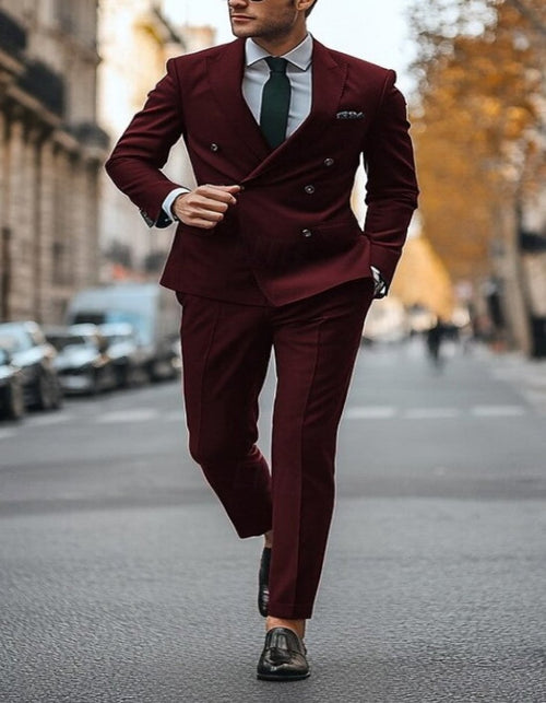 Slim Fit Double Breasted Suit Gold Buttons - Burgundy Suit - Designer Wool Suits by USA Men's Outlet
