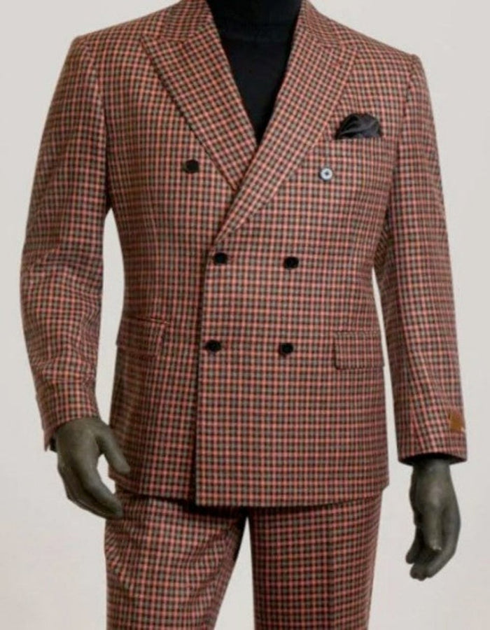Double Breasted Suit in Gray and Orange By Steve Harvey Suit Clothing Line - Plaid Checkered Patterned Suit USA Men's Outlet