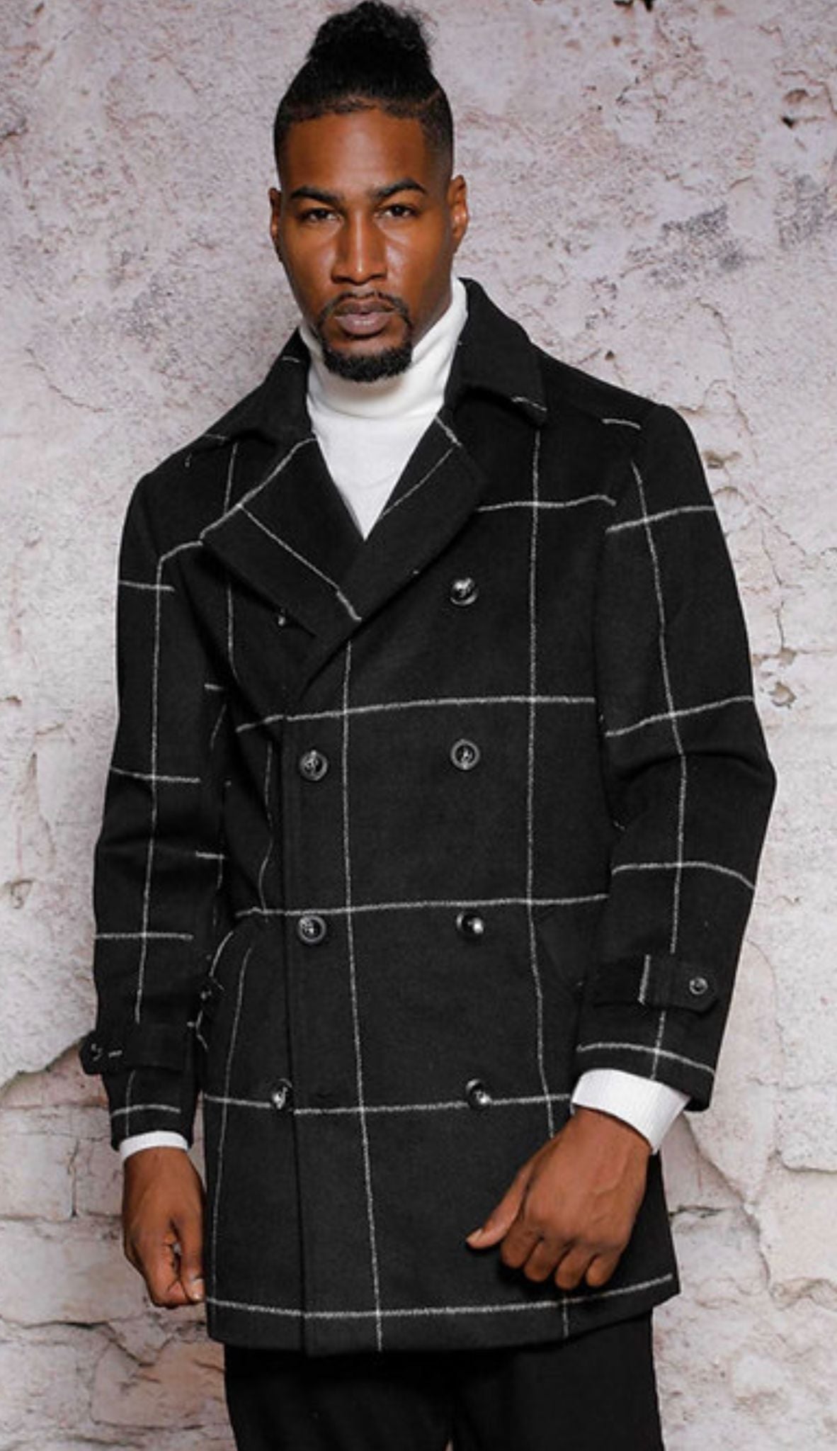 Mens Black Windowpane Check Wool Overcoat – Double-Breasted Winter Peacoat
