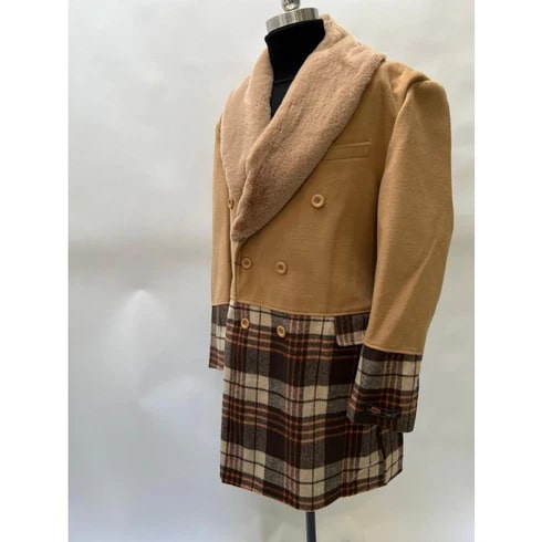 Mens Camel Brown Shawl Collar Overcoat with Plaid Wool Bottom - Double-Breasted Winter Topcoat With Fur Collar by USA Men's Outlet