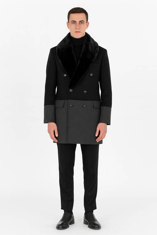 Men’s Double-Breasted Wool Overcoat with Faux Fur Shawl Collar - Classic Winter Dress Coat in Half Black and Charcoal by USA Men's Outlet