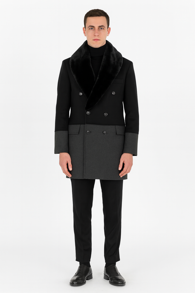 Men’s Double-Breasted Wool Overcoat with Faux Fur Shawl Collar - Classic Winter Dress Coat in Half Black and Charcoal by USA Men's Outlet