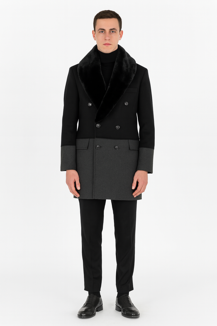 Men’s Double-Breasted Wool Overcoat with Faux Fur Shawl Collar - Classic Winter Dress Coat in Half Black and Charcoal by USA Men's Outlet