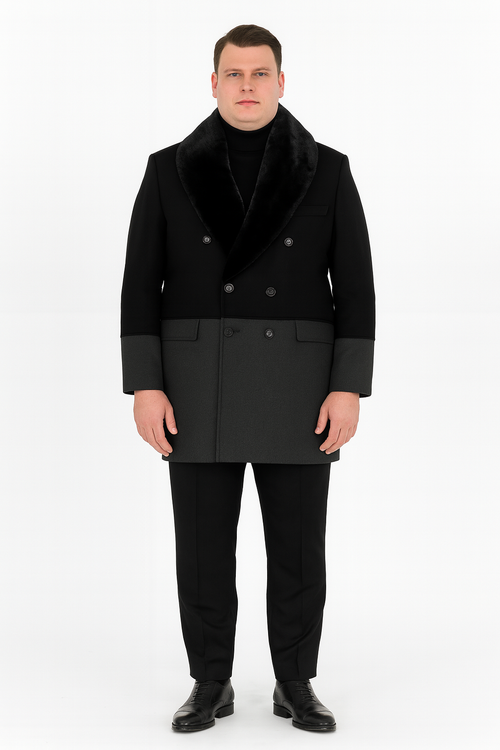 Men’s Double-Breasted Wool Overcoat with Faux Fur Shawl Collar - Classic Winter Dress Coat in Half Black and Charcoal by USA Men's Outlet