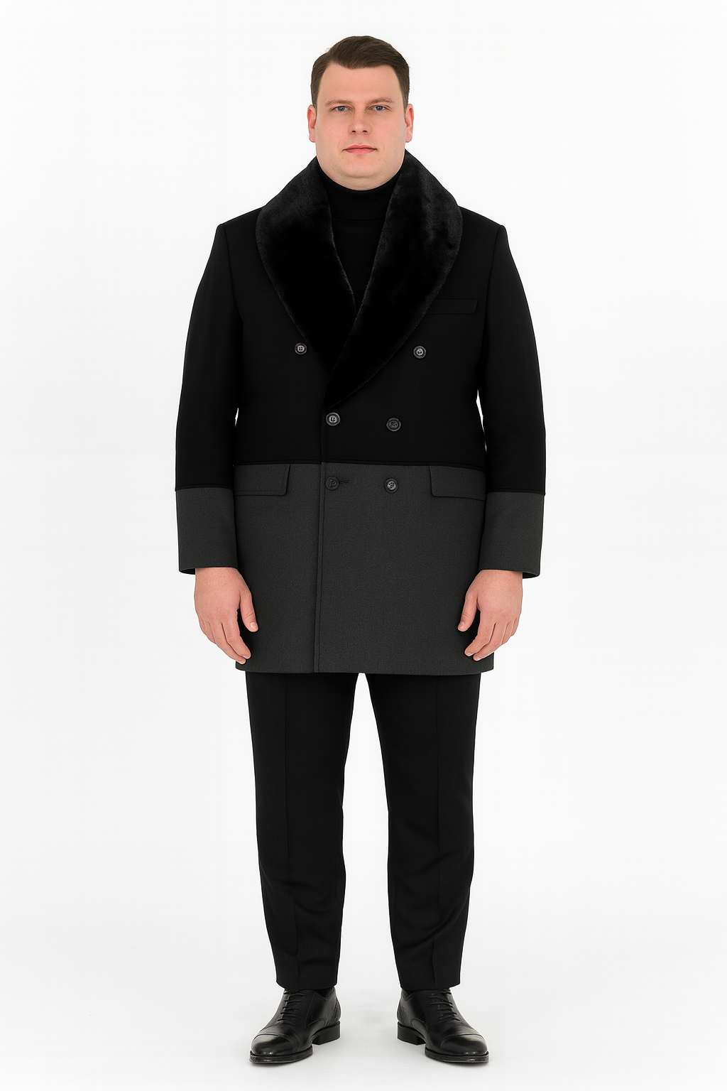 Men’s Double-Breasted Wool Overcoat with Faux Fur Shawl Collar - Classic Winter Dress Coat in Half Black and Charcoal by USA Men's Outlet