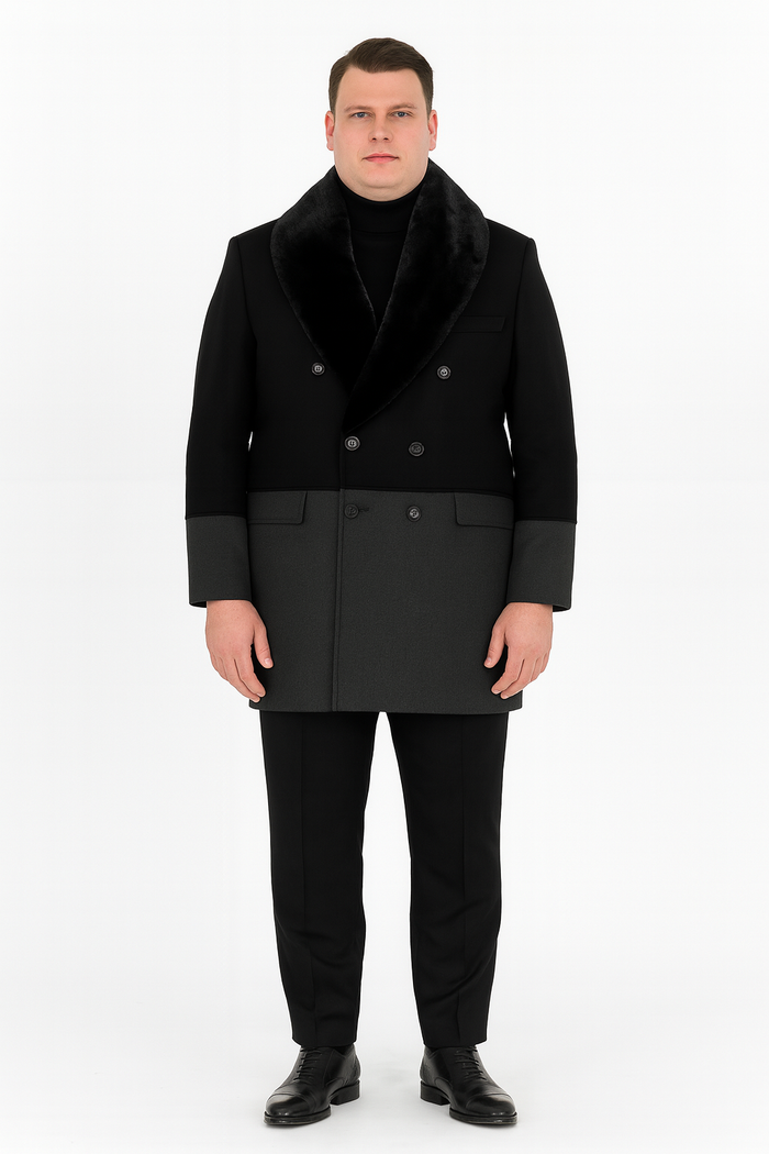 Men’s Double-Breasted Wool Overcoat with Faux Fur Shawl Collar - Classic Winter Dress Coat in Half Black and Charcoal by USA Men's Outlet