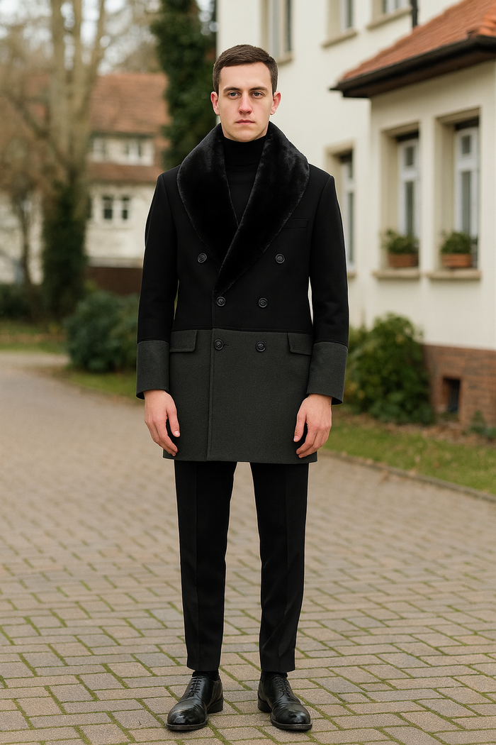 Men’s Double-Breasted Wool Overcoat with Faux Fur Shawl Collar - Classic Winter Dress Coat in Half Black and Charcoal by USA Men's Outlet