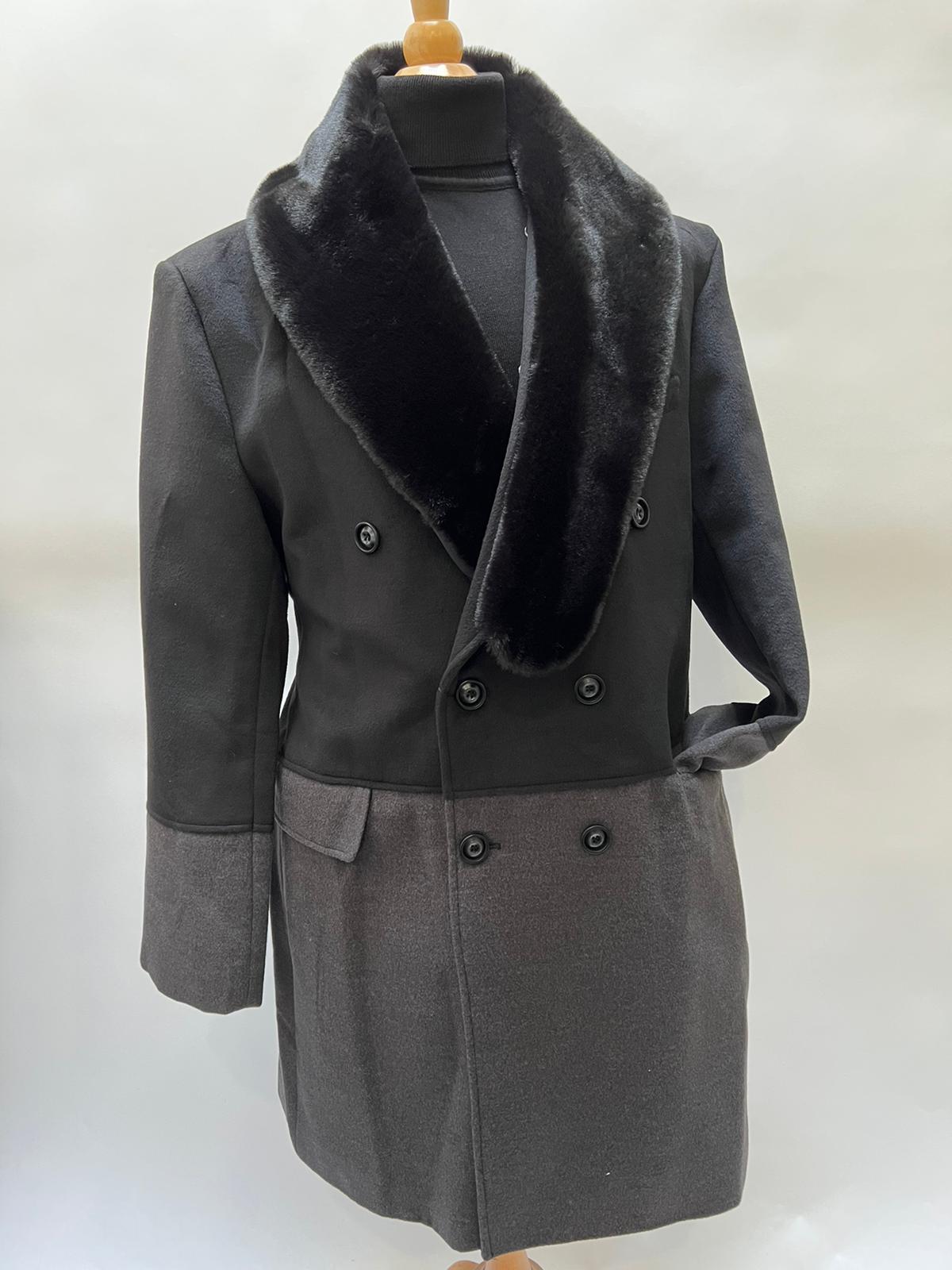 Men’s Double-Breasted Wool Overcoat with Faux Fur Shawl Collar - Classic Winter Dress Coat in Half Black and Charcoal by USA Men's Outlet