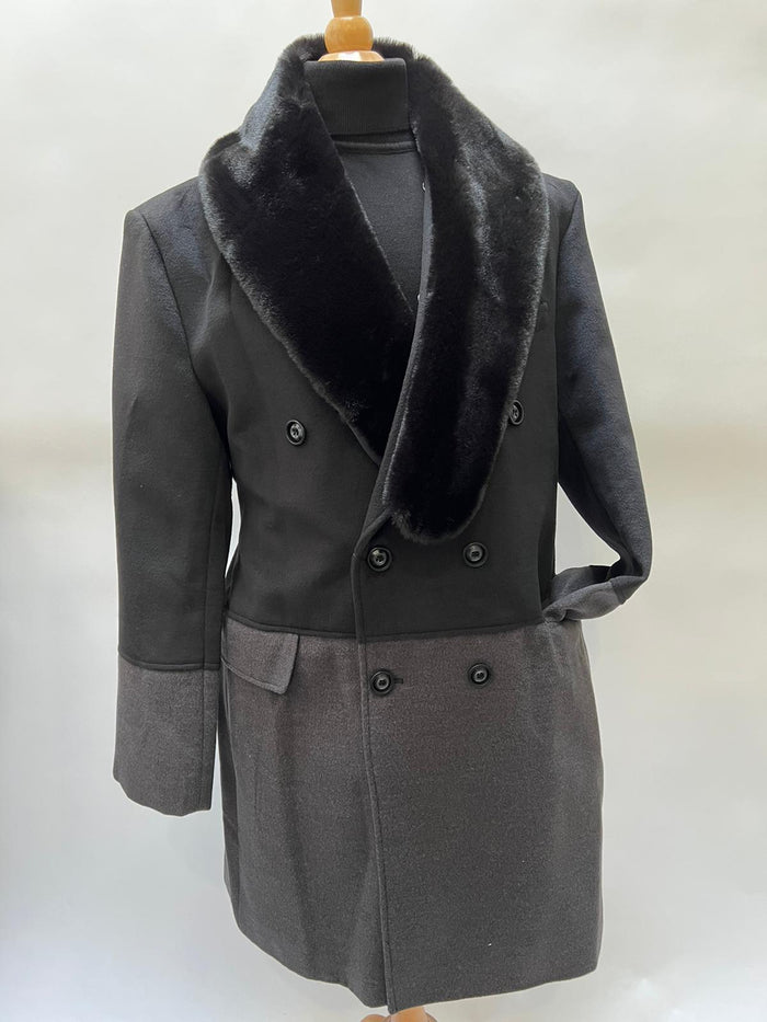 Men’s Double-Breasted Wool Overcoat with Faux Fur Shawl Collar - Classic Winter Dress Coat in Half Black and Charcoal by USA Men's Outlet