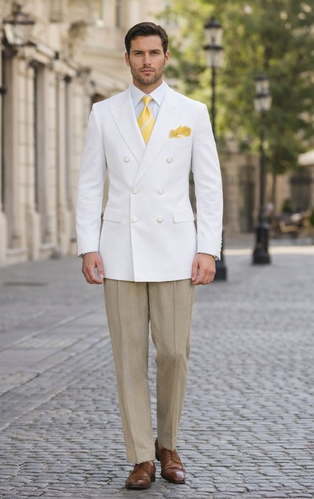 Men’s Double Breasted White Blazer Jacket – Classic Fit Wedding & Party Wear