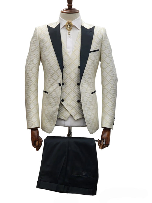 Ivory Tuxedo - Cream Wedding Suit  - Off White Groom Peak Lapel  Suit Groom different suit than groomsmen