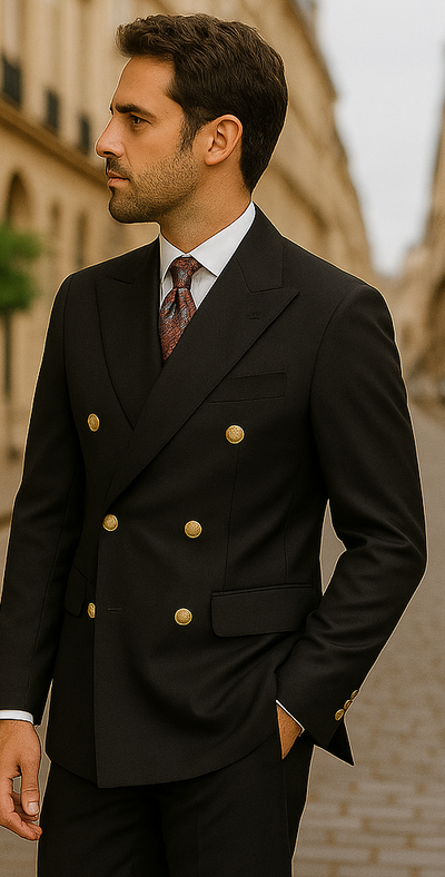 Double Breasted Blazer with Gold Buttons - Black Sport Coat