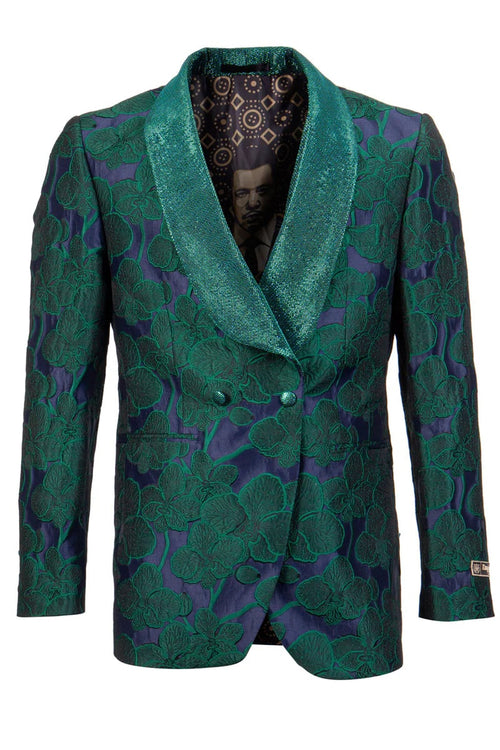 Green Prom Suit For Men - Men's Double Breasted Shiny Floral Embroidered Green Tuxedo