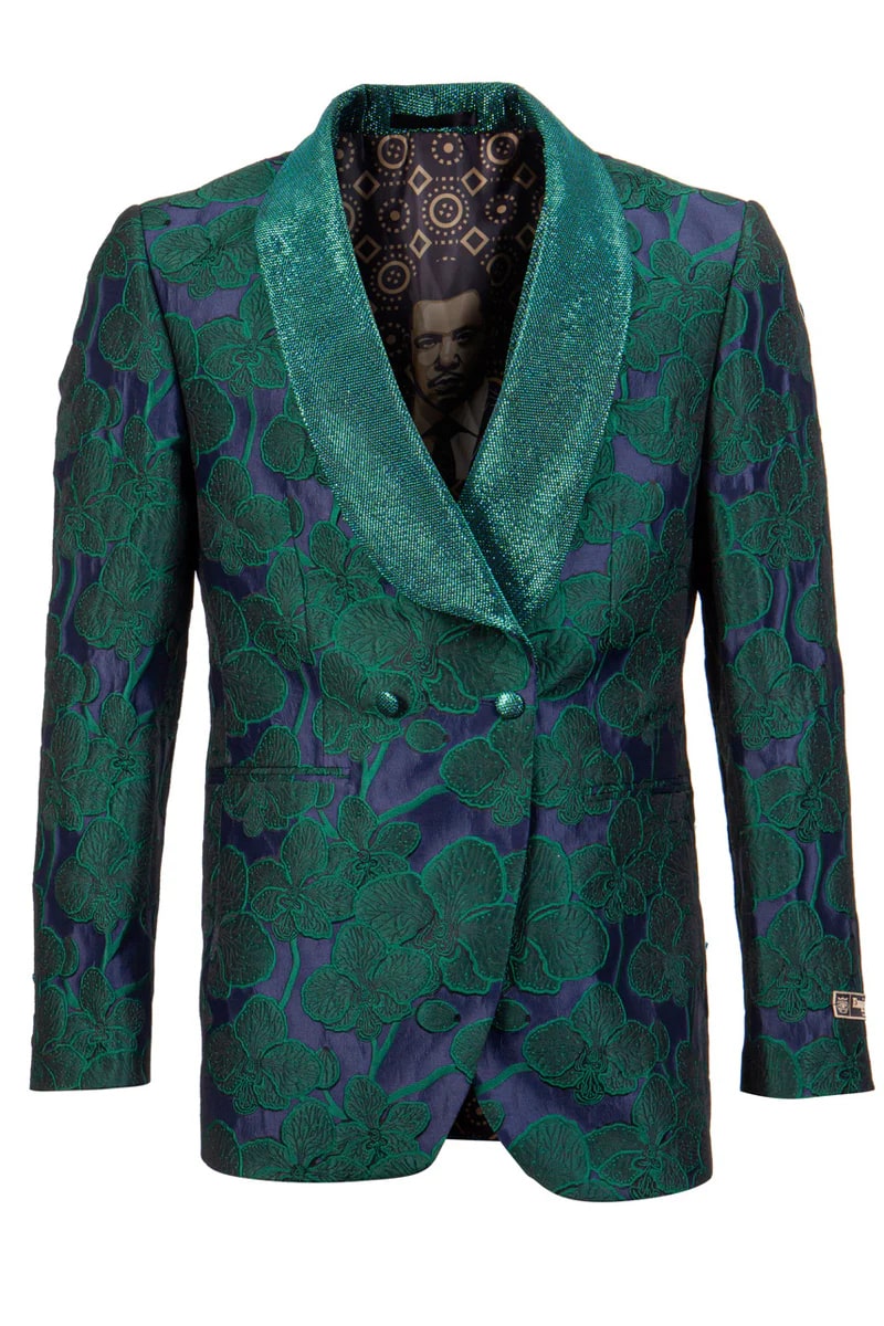 Green Prom Suit For Men - Men's Double Breasted Shiny Floral Embroidered Green Tuxedo