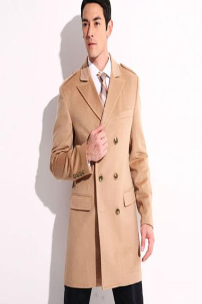 Men's Dress Coat 36 Inch Cashmere Double Breasted Long Men's Dress Topcoat - Winter Coat Designer Men's Peacoat Sale Overcoat Wide Peak Lapel 6 Buttons Camel USA Men's Outlet