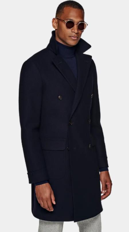 Double Breasted And Cashmere Overcoat - Navy 3/4 Length Car Coat USA Men's Outlet