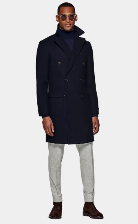 Double Breasted And Cashmere Overcoat - Navy 3/4 Length Car Coat USA Men's Outlet