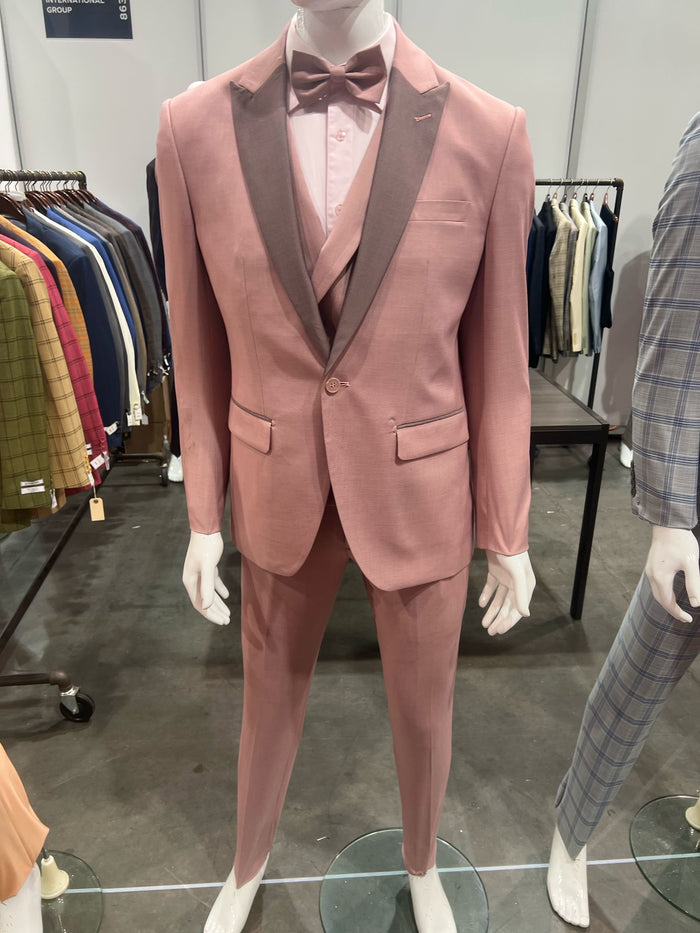 Mens Dusty Pink Three-Piece Slim Fit Tuxedo with Contrast Satin Lapel and Bow Tie by USA Men's Outlet