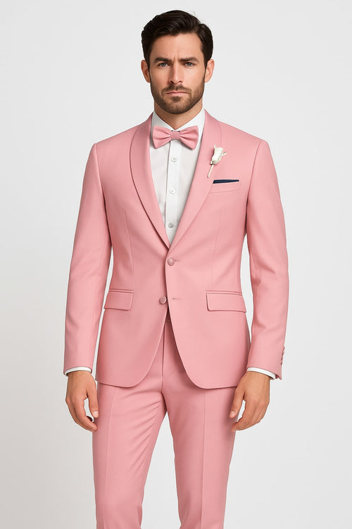 strapless open back dress Men's Dusty Rose Pink Tuxedo One Button Satin Lapel Wedding Prom 2026 Suit with Bow Tie USA Outlet 34 Short or Extra Small