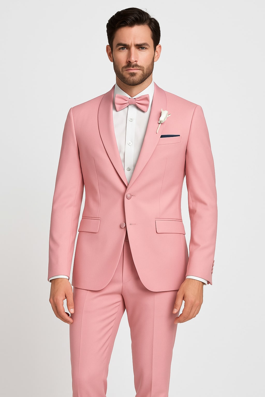 Dusty Rose Pink Tuxedo for Men – One Button Satin Lapel Wedding Prom Suit with Bow Tie – SuitUSA