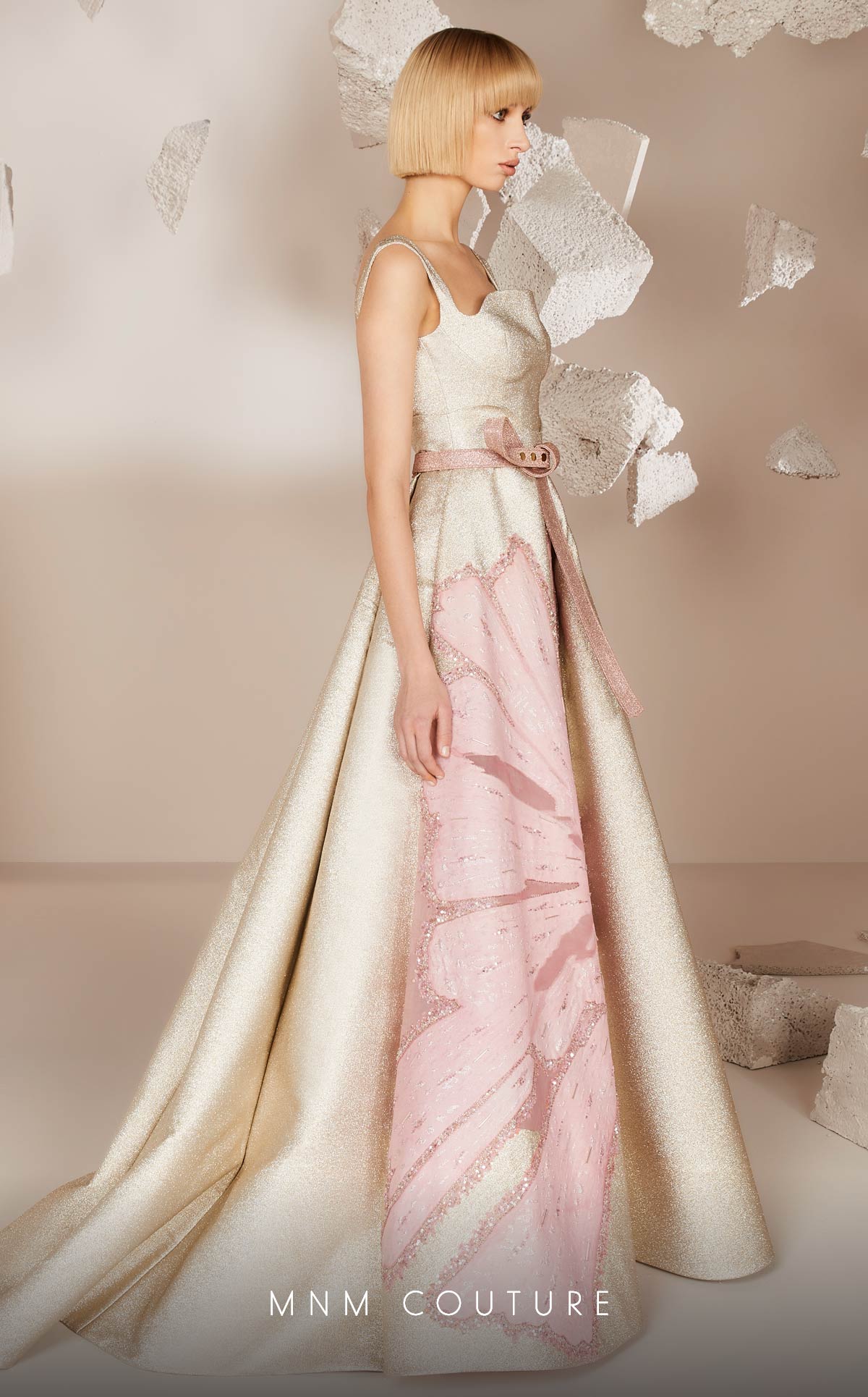 Floral Gold A-Line Gown with Square Neck & Belt by MNM Couture