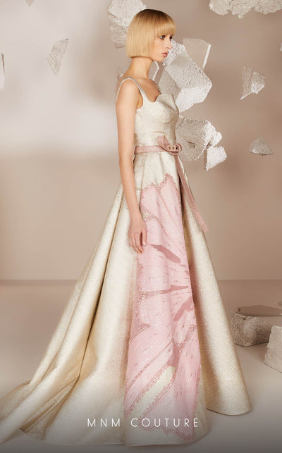 Floral Gold A-Line Gown with Square Neck & Belt by MNM Couture
