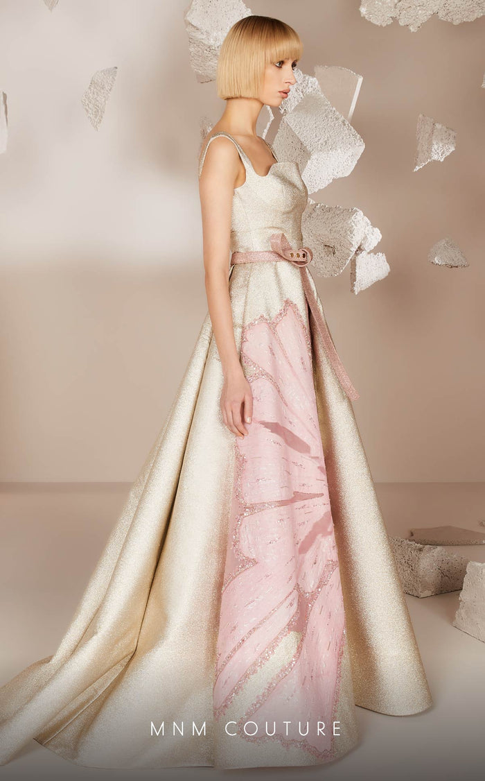 Floral Gold A-Line Gown with Square Neck & Belt by MNM Couture