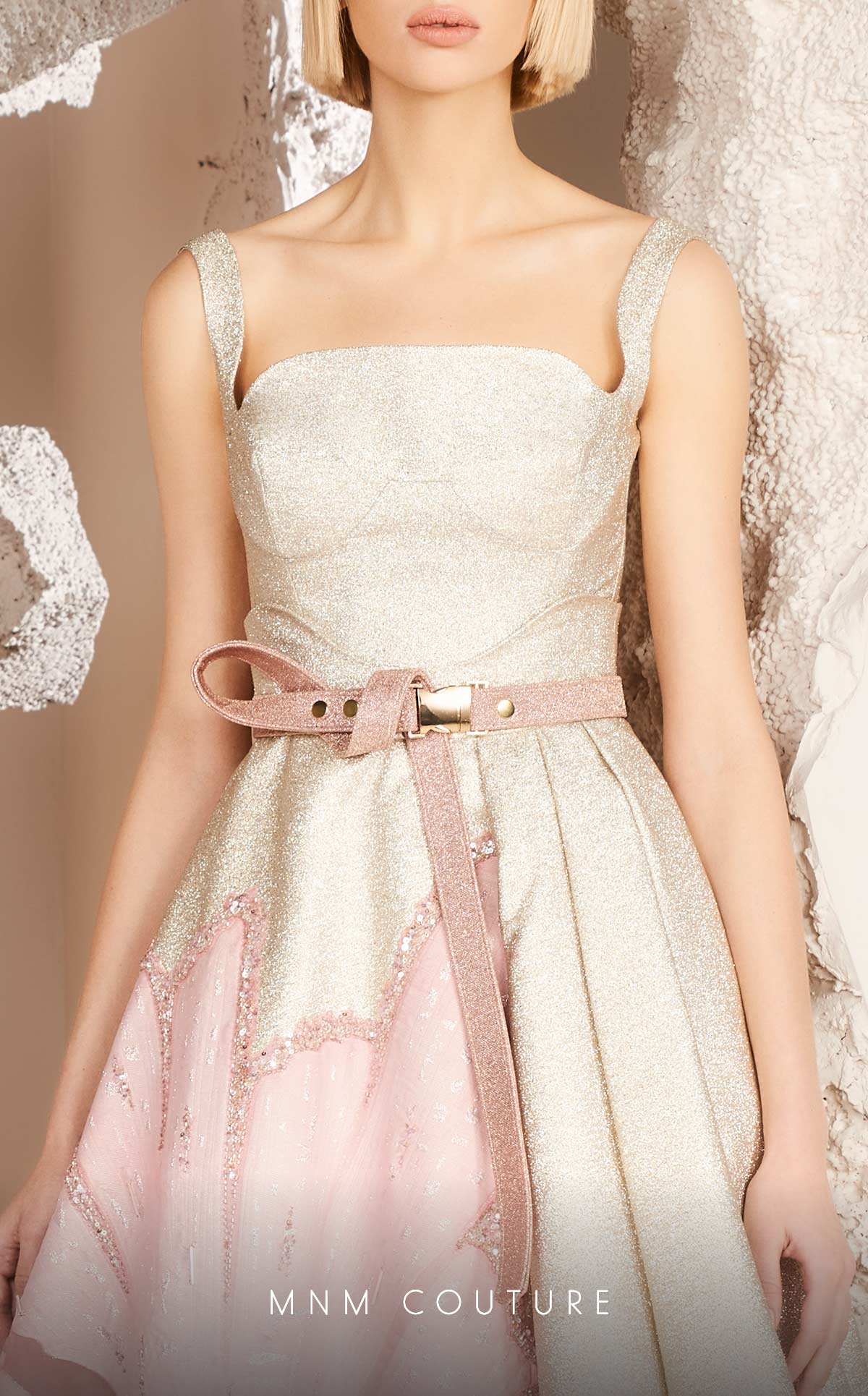 Floral Gold A-Line Gown with Square Neck & Belt by MNM Couture