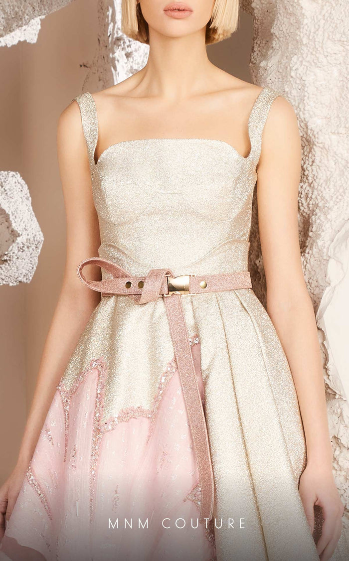 Floral Gold A-Line Gown with Square Neck & Belt by MNM Couture