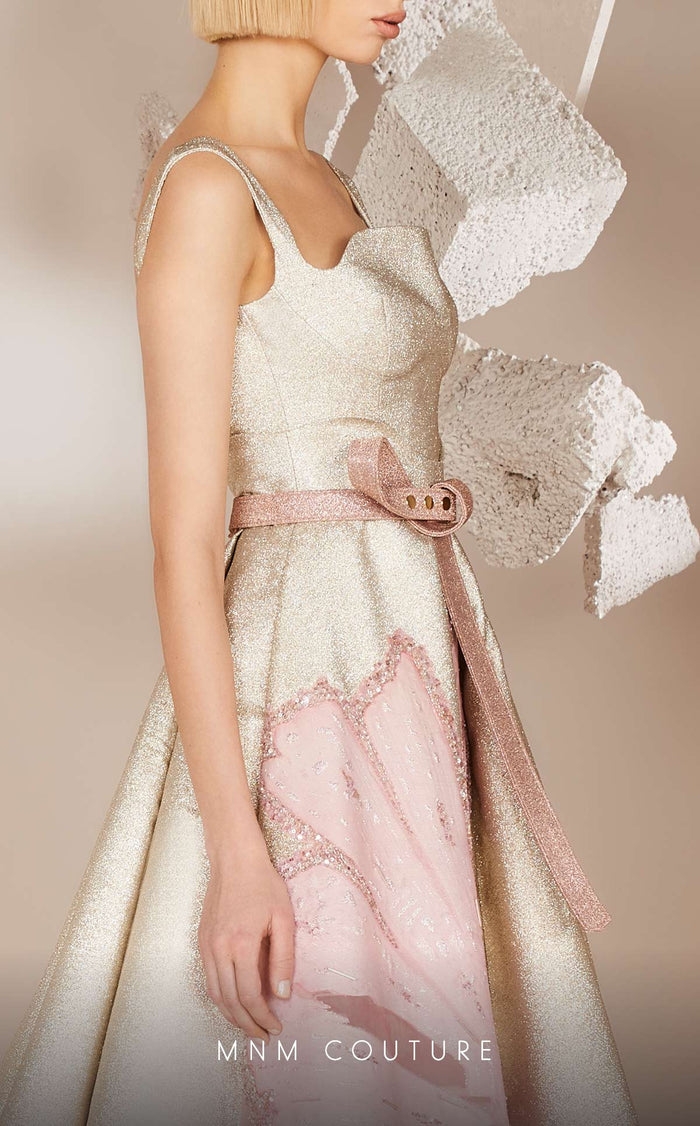 Floral Gold A-Line Gown with Square Neck & Belt by MNM Couture