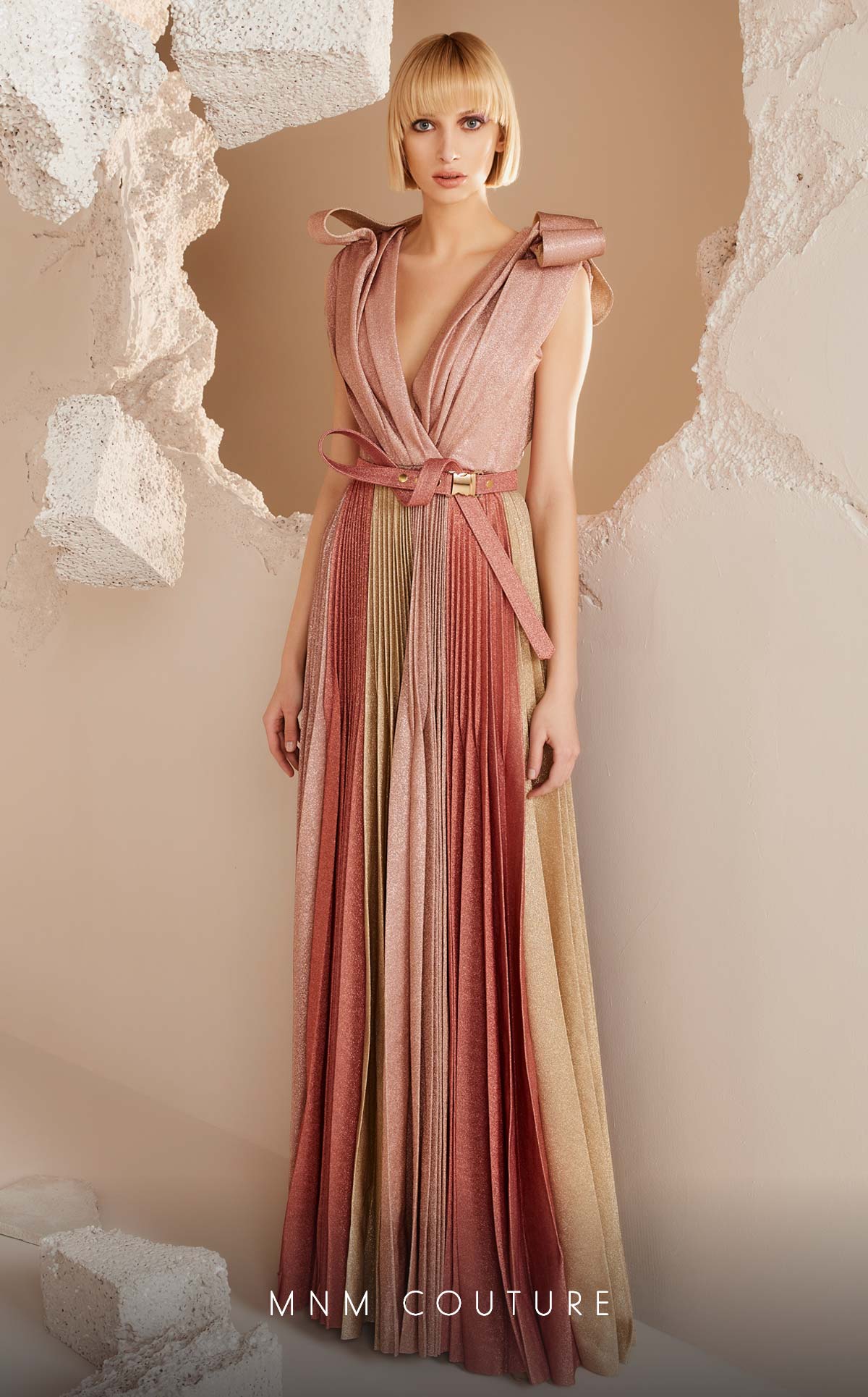 MNM Couture E0028 Mint Metallic Pleated V-Neck Gown with Belt – SuitUSA