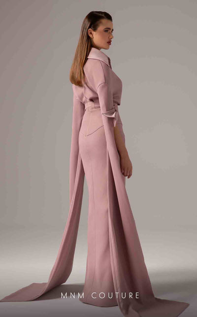 MNM Couture E0094 Cherry A-Line Gown with Cape & Slit