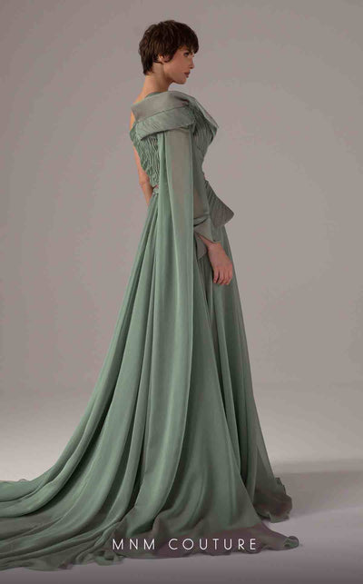 MNM Couture E0097 Green One-Shoulder Long Evening Gown