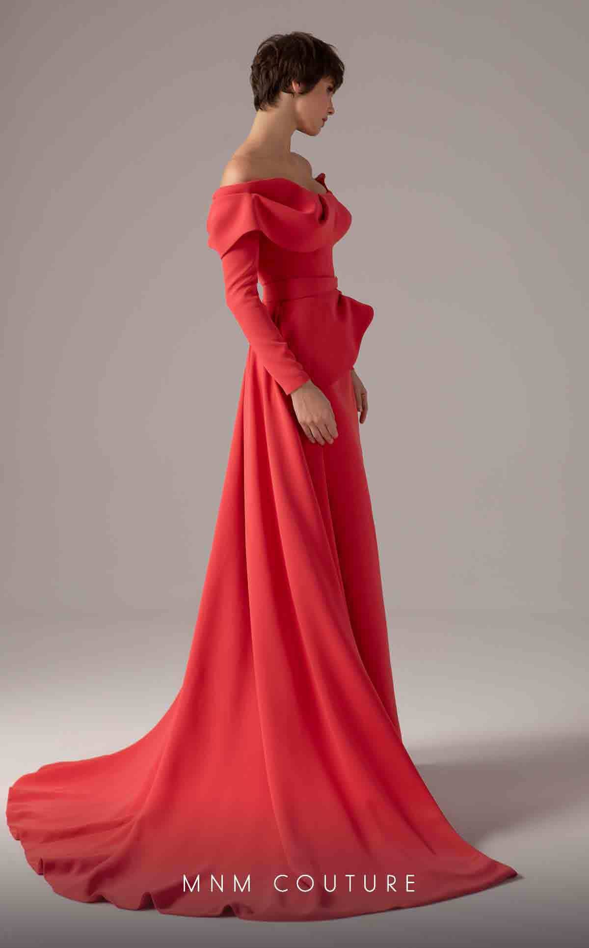 MNM Couture E0099 Coral Off-Shoulder Long Sleeve Gown