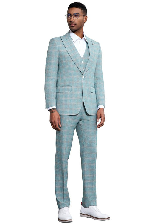 Men's Stacy Adams Vested Peak Lapel Light Turquoise Green Plaid Prom & Wedding Suit
