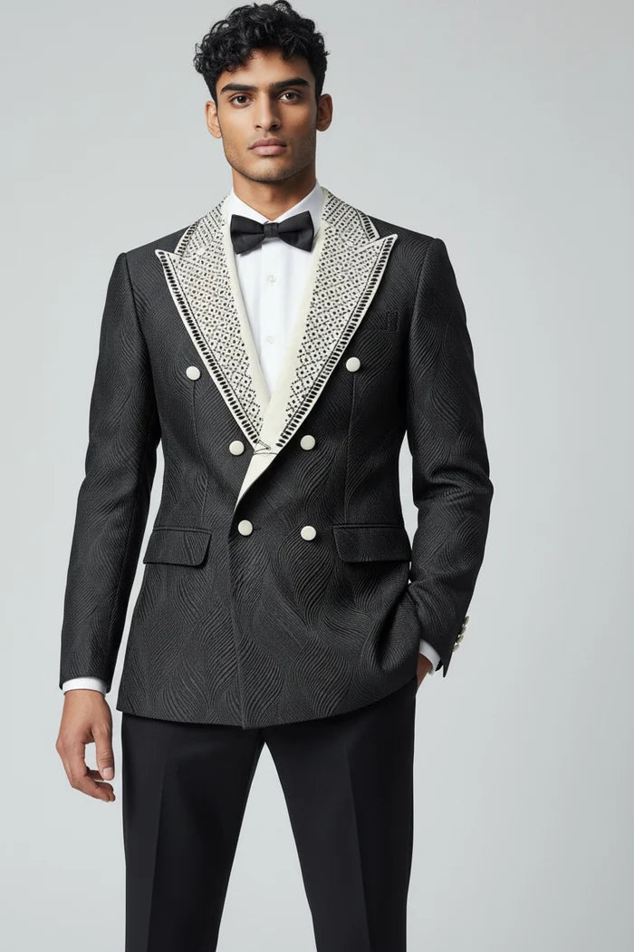 Men’s Romeo Black & White Jacquard Tuxedo – Double Breasted Peak Lapel Formal Suit – SuitUSA