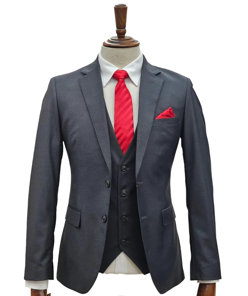 Mens Giovanni Testi Charcoal 3 Piece Suit   – 2 Button Closure, Classic Notch Lapel, Flex Waist Pants