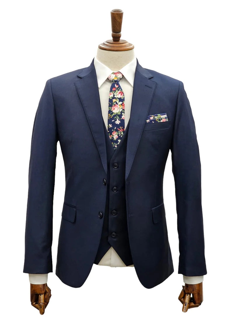 Mens Giovanni Testi Navy 3 Piece Suit – Modern Fit 2 Button Notch Lapel, Side Vents, Flex Waist Trousers