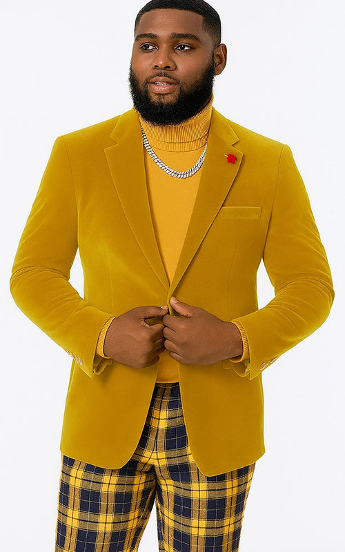 EJ Samuel Mustard Velvet Blazer: Modern Fit, 2-Button Look