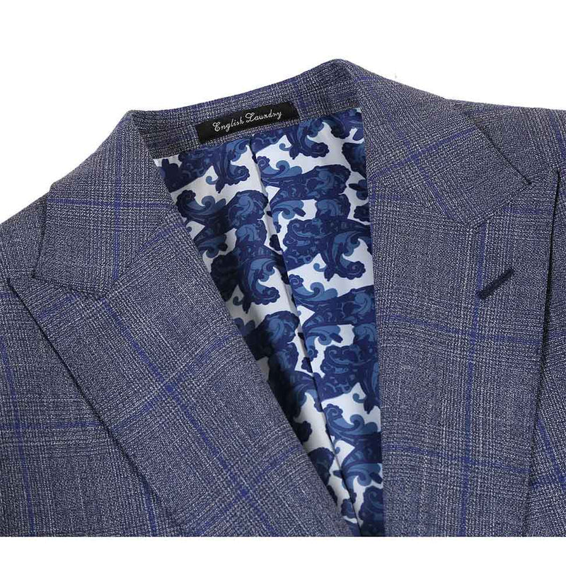 English Laundry 2-Piece Gray with Blue Windowpane Slim Fit Suit Wool Blend