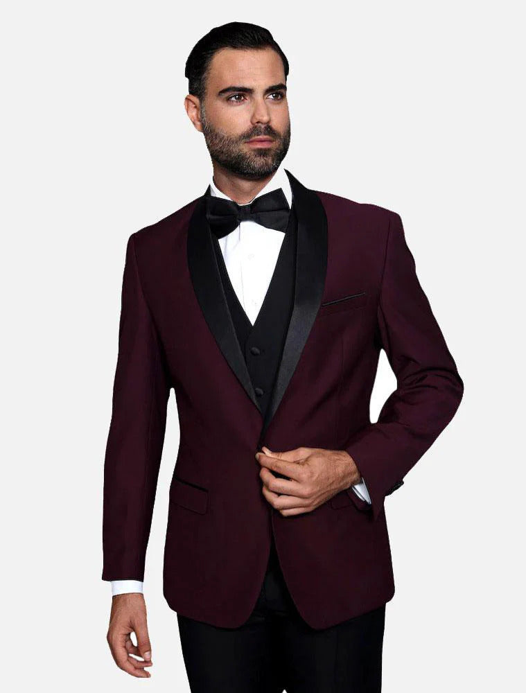 Statement Men's  Burgundy With Black  Lapel  Vested 100% Wool Tuxedo - Men's Tuxedo USA – SuitUSA