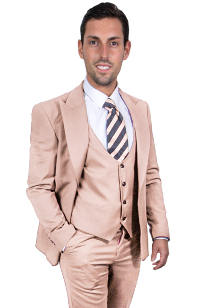 Men's Beige Vested Peak Lapel Stacy Adams One Button Suit