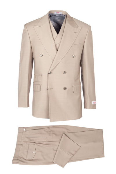 Tiglio Italian Suit - Real Wool Fabric Super 150's EST Tan, Wide Leg Suit & Vest in Color Beige