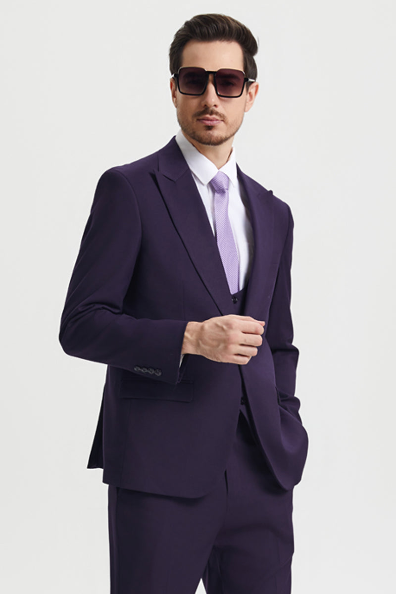 Men's Vested One Button Peak Lapel Stacy Adams Designer Suit in Eggplant – SuitUSA