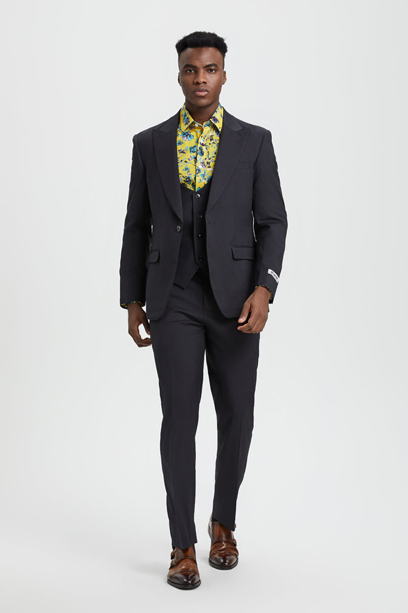 Men's Vested One Button Peak Lapel Stacy Adams Designer Suit in Charcoal