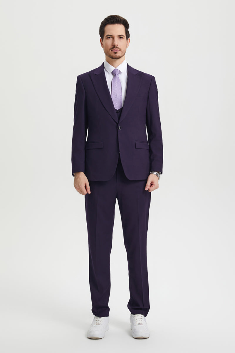 Men's Vested One Button Peak Lapel Stacy Adams Designer Suit in Eggplant