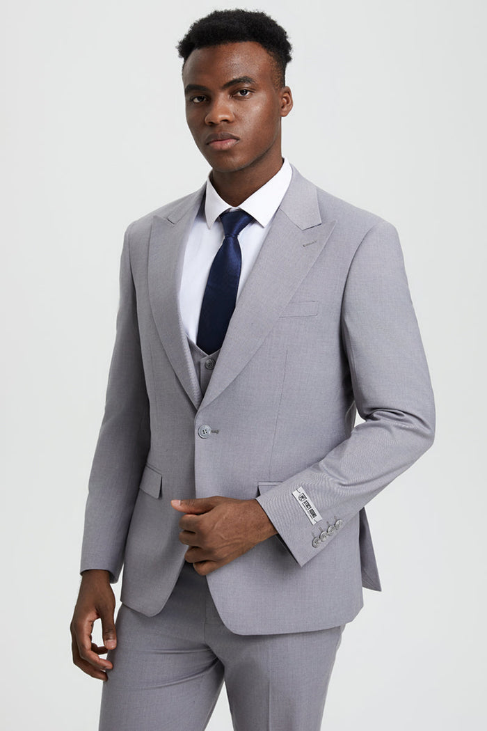 Men's Vested One Button Peak Lapel Stacy Adams Designer Suit in Light Grey