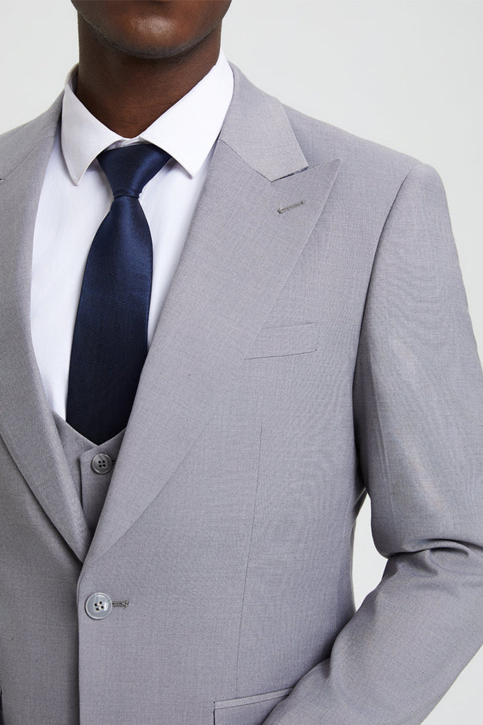 Men's Vested One Button Peak Lapel Stacy Adams Designer Suit in Light Grey
