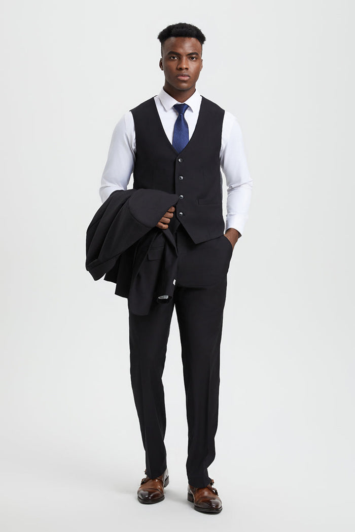 Men's Two Button Vested Stacy Adams Designer Basic Suit in Black