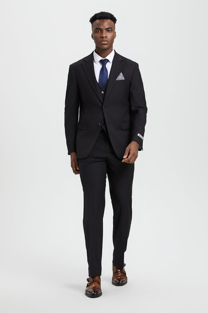 Men's Two Button Vested Stacy Adams Designer Basic Suit in Black